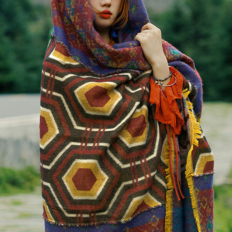 Mantón tibetano de Buddha Stones, patrón de formas geométricas, marrón, azul y rojo, bufanda de viaje acogedora para invierno