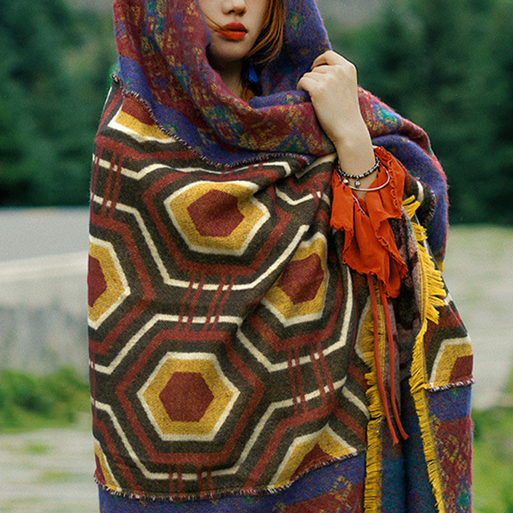 Mantón tibetano de Buddha Stones, patrón de formas geométricas, marrón, azul y rojo, bufanda de viaje acogedora para invierno
