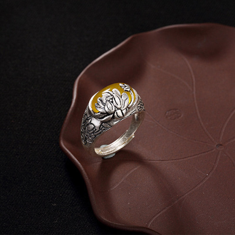 Anillo ajustable de protección con bendición de loto y citrino con Buddha Stones