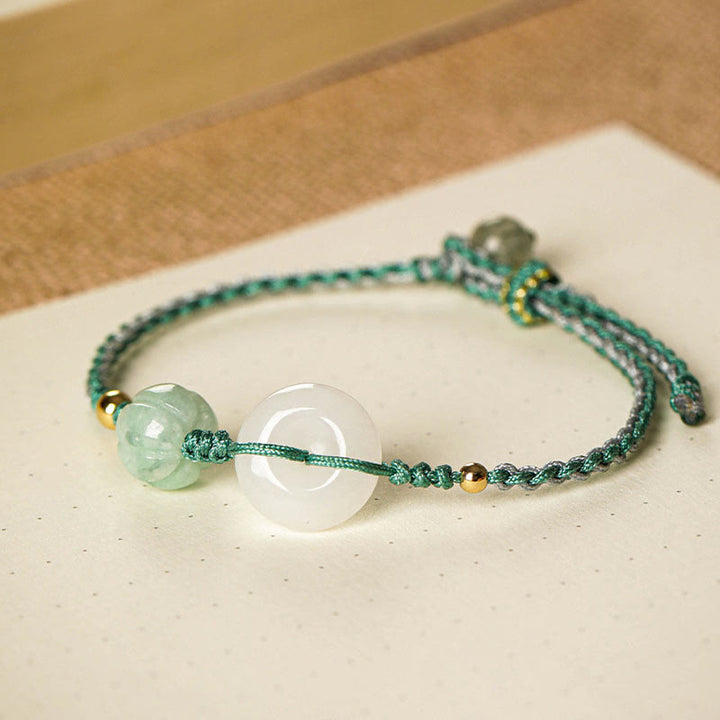 Pulsera trenzada de bendición de la suerte con cuentas de calabaza y hebilla de la paz de jade blanco con Buddha Stones