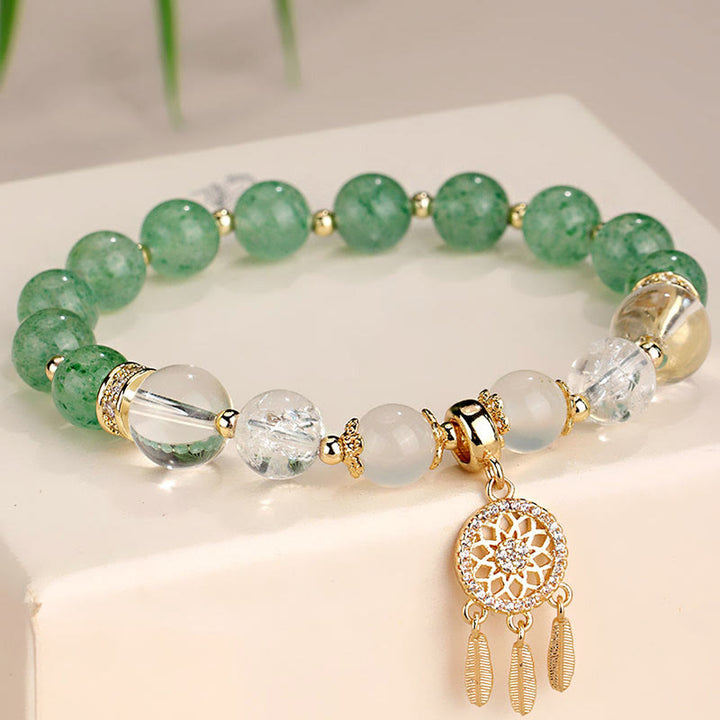 Pulsera curativa de atrapasueños de cristal de amatista, cuarzo, fresa verde, Buddha Stones