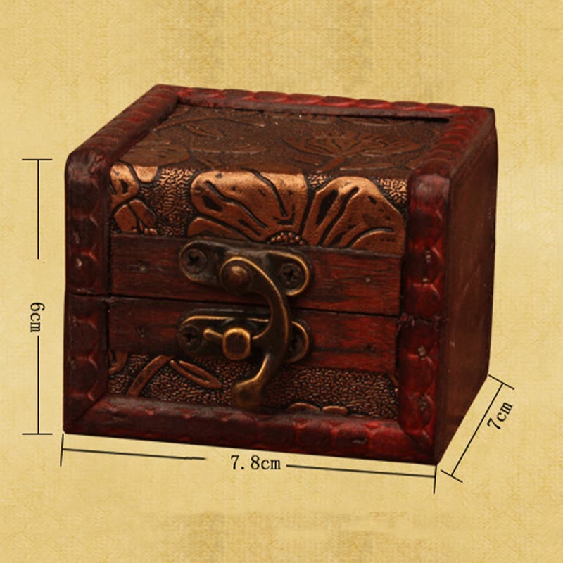 Caja de joyería de madera cuadrada pequeña Retro con Buddha Stones , flor de loto, uva, cobre, moneda, narciso, caja de almacenamiento de joyería
