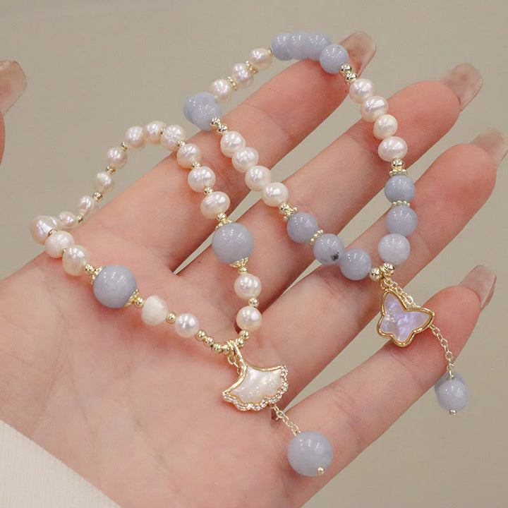 Pulsera con dije de mariposa y hoja de Ginkgo curativa con perlas de aguamarina naturales y Buddha Stones