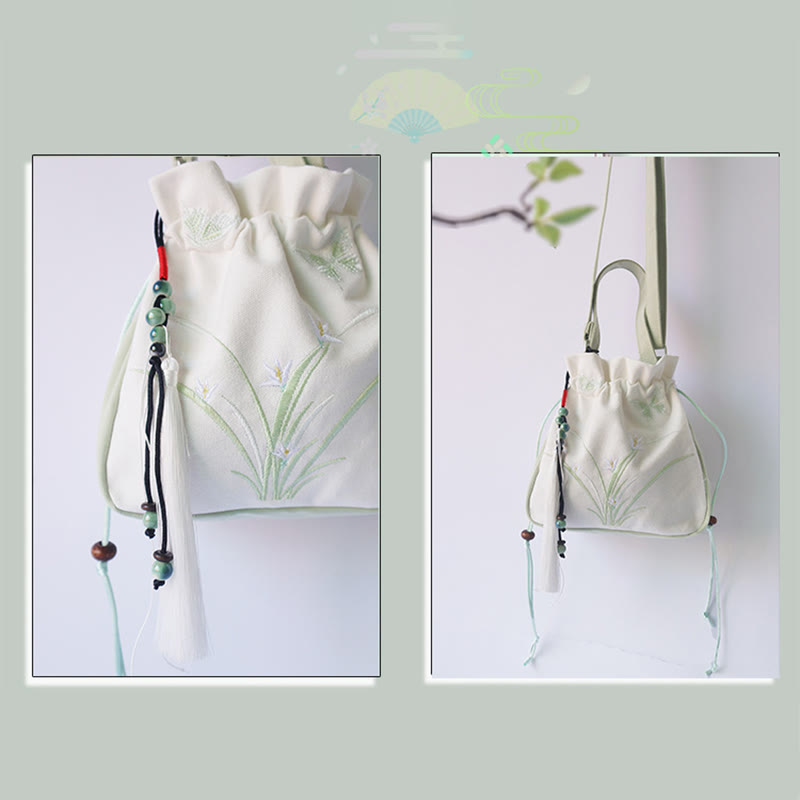 Bolso de hombro de lona con flores bordadas hechas a mano con Buddha Stones - image 8