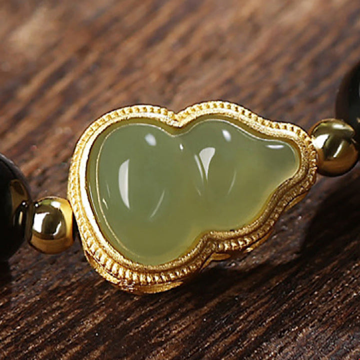 Pulsera de fuerza de doble felicidad con calabaza de jade hetiano de obsidiana negra natural