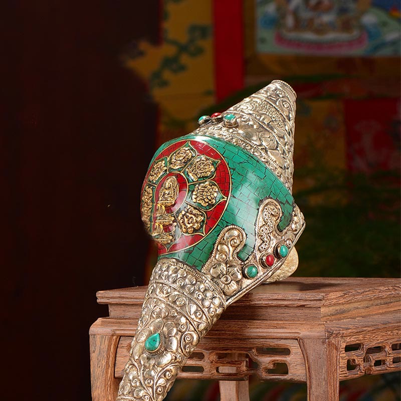 Tibetano hecho a mano grabado Shankha doble Dorje Buda Concha riqueza decoración positiva