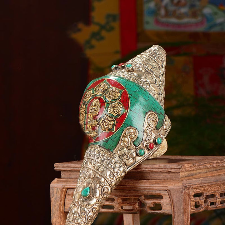 Tibetano hecho a mano grabado Shankha doble Dorje Buda Concha riqueza decoración positiva