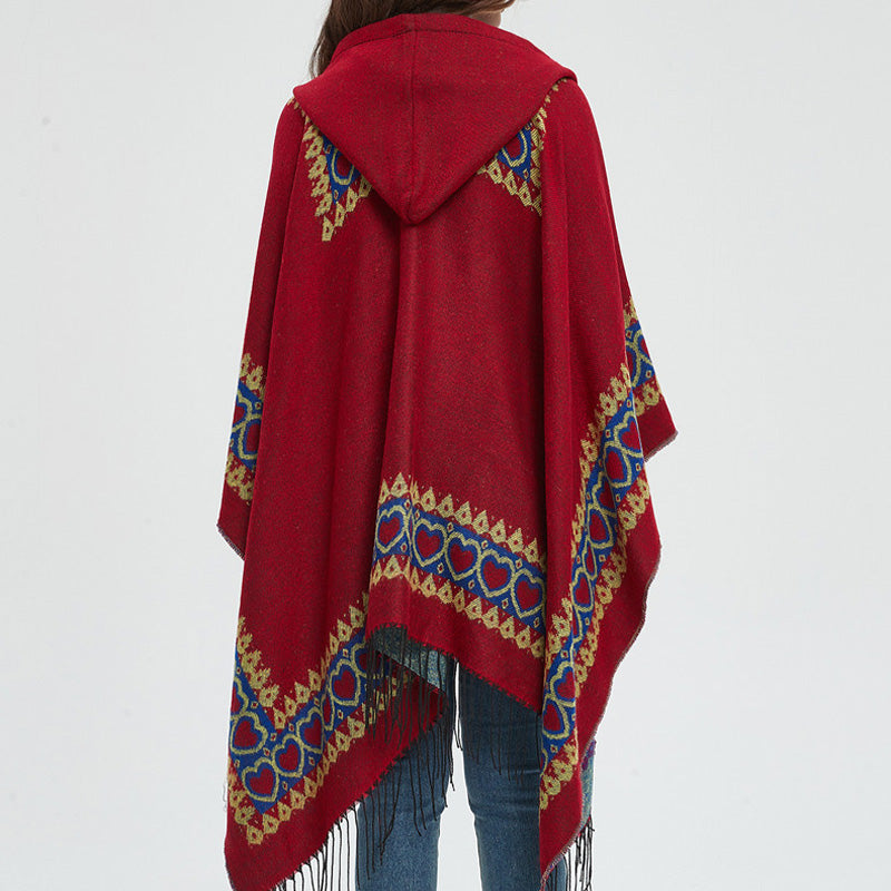 Mantón tibetano de Buddha Stones , capa con capucha y borla de corazón de amor rojo, bufanda de viaje acogedora para invierno
