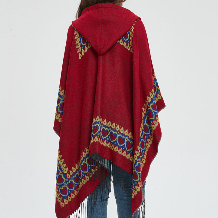 Mantón tibetano de Buddha Stones , capa con capucha y borla de corazón de amor rojo, bufanda de viaje acogedora para invierno