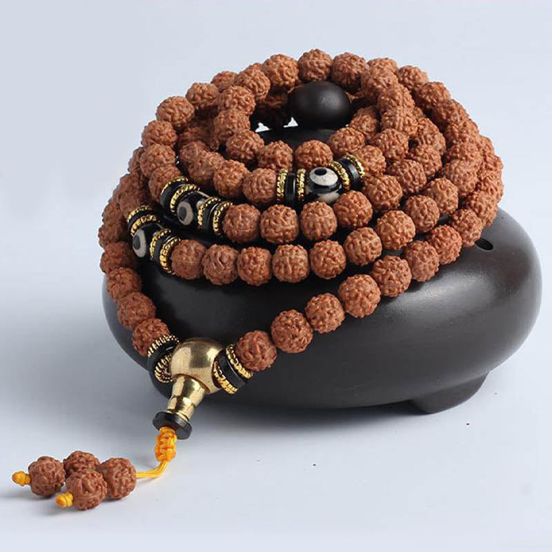 Buddha Stones 108 cuentas Mala Rudraksha Bodhi Semilla Dzi cuentas suerte pulsera de riqueza