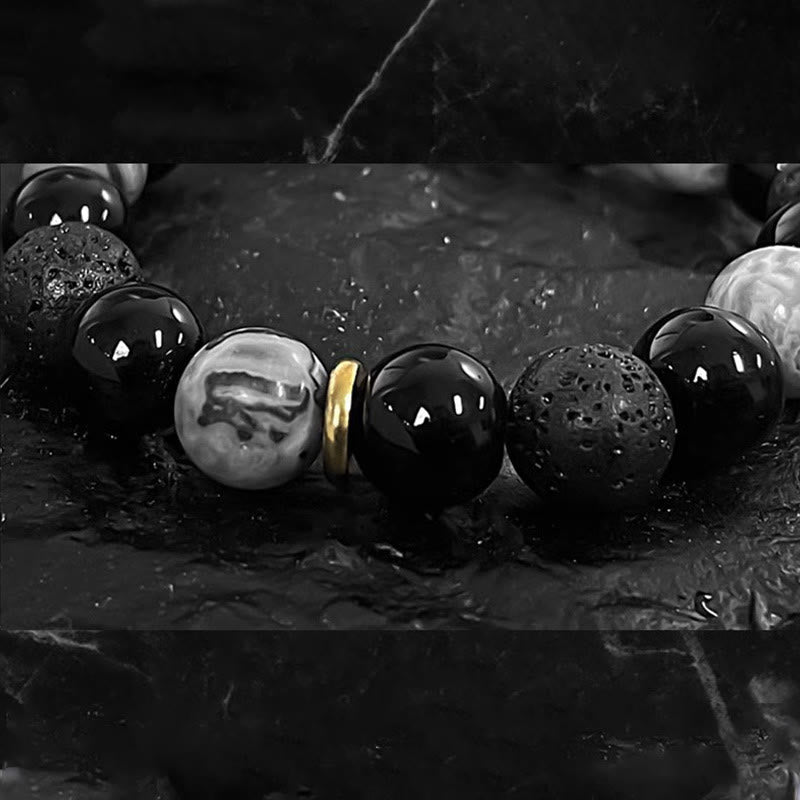 Pulsera de fuerza Yin Yang de piedra de roca de lava de obsidiana negra con Buddha Stones