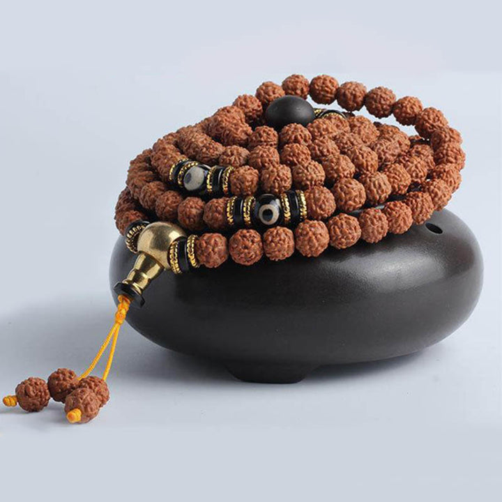 Buddha Stones 108 cuentas Mala Rudraksha Bodhi Semilla Dzi cuentas suerte pulsera de riqueza