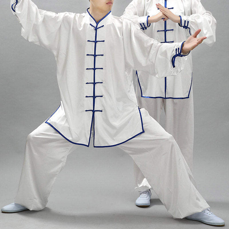 Conjunto de ropa unisex con patrón simple de Buddha Stones para meditación, oración, espiritualidad, tai chi, qigong y práctica - Blanco + borde azul - 3XL- APTO PARA US. UK/ AU/UE - 2XL - image 0