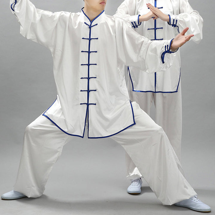 Conjunto de ropa unisex con patrón simple de Buddha Stones para meditación, oración, espiritualidad, tai chi, qigong y práctica - Blanco + borde azul - 3XL- APTO PARA US. UK/ AU/UE - 2XL - image 0