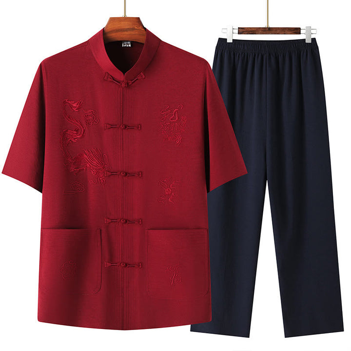 Traje Tang de Buddha Stones Hanfu dragón chino uniforme de kungfú tradicional camisetas y pantalones de manga corta conjunto de ropa para hombre - Rojo - US/UK/AU44, EU54 (4XL) - image 16