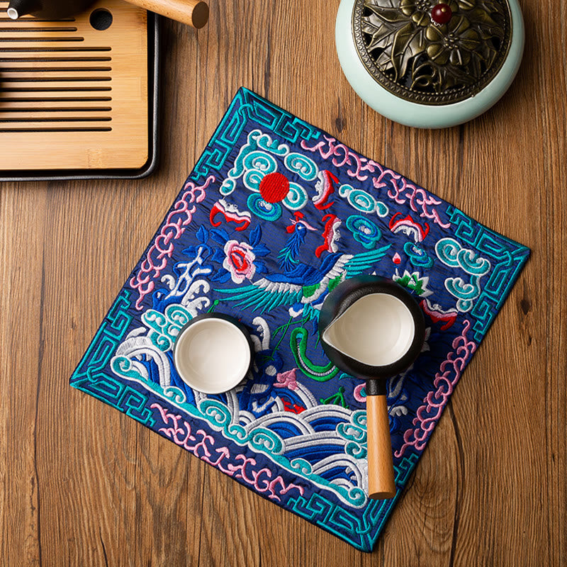 Alfombrilla para taza bordada con Buddha Stones , dragón Fénix, Kirin, posavasos para taza de té, tapete para té Kung Fu