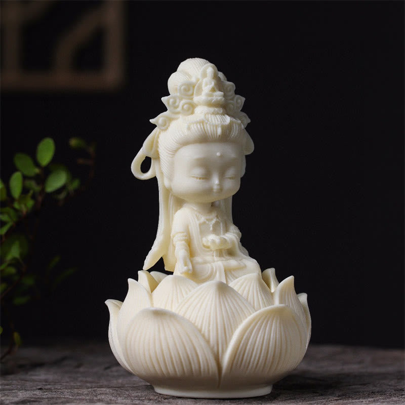 Buddha Stones Mini fruta de marfil Kwan Yin Avalokitesvara Lotus riqueza decoración de escritorio