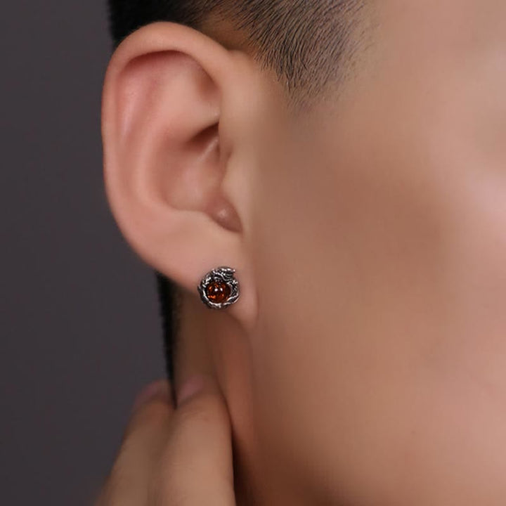 Pendientes de plata de ley 925 con Buddha Stones , diseño de dragón de ámbar natural