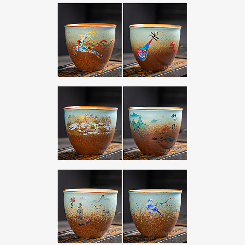 Buddha Stones, ciervo colorido, Pipa, nieve, flores de ciruelo, montañas, ríos, pájaro, taza de té de cerámica, tazón de té de Kung Fu