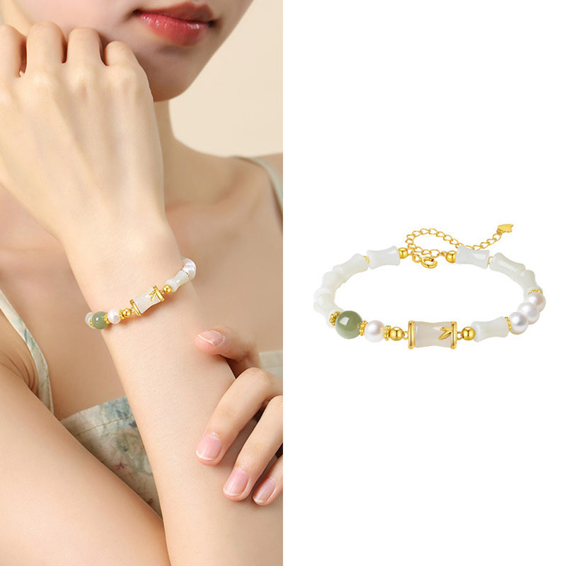 Pulsera de bendición de la suerte de bambú de jade blanco hetiano natural de plata de ley 925 con Buddha Stones