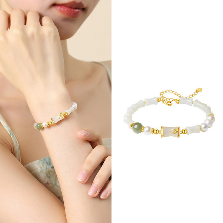Pulsera de bendición de la suerte de bambú de jade blanco hetiano natural de plata de ley 925 con Buddha Stones