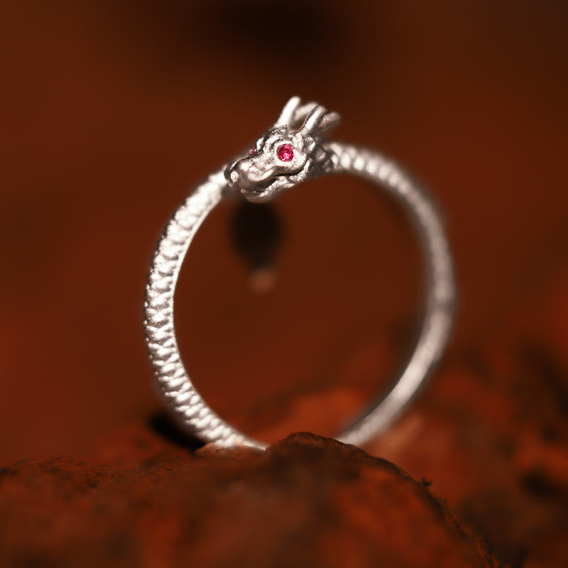 Anillo ajustable de plata de ley 925 con Buddha Stones , diseño vintage del Año del Dragón, protección de la suerte