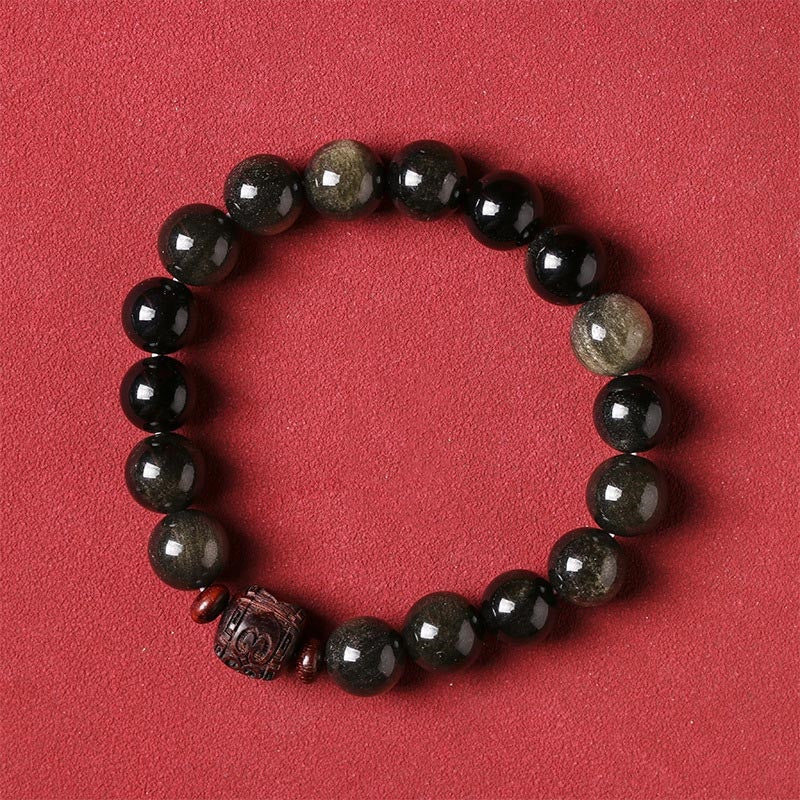 Pulsera curativa con carácter de obsidiana arcoíris de obsidiana con brillo de oro natural con Buddha Stones Om Mani Padme Hum Fu