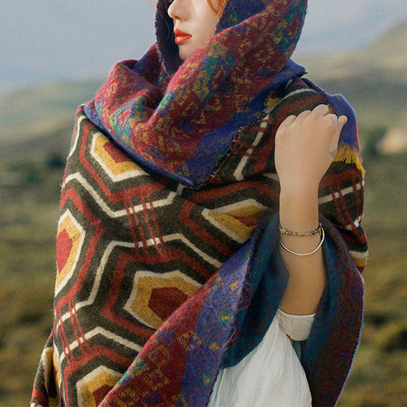 Mantón tibetano de Buddha Stones, patrón de formas geométricas, marrón, azul y rojo, bufanda de viaje acogedora para invierno