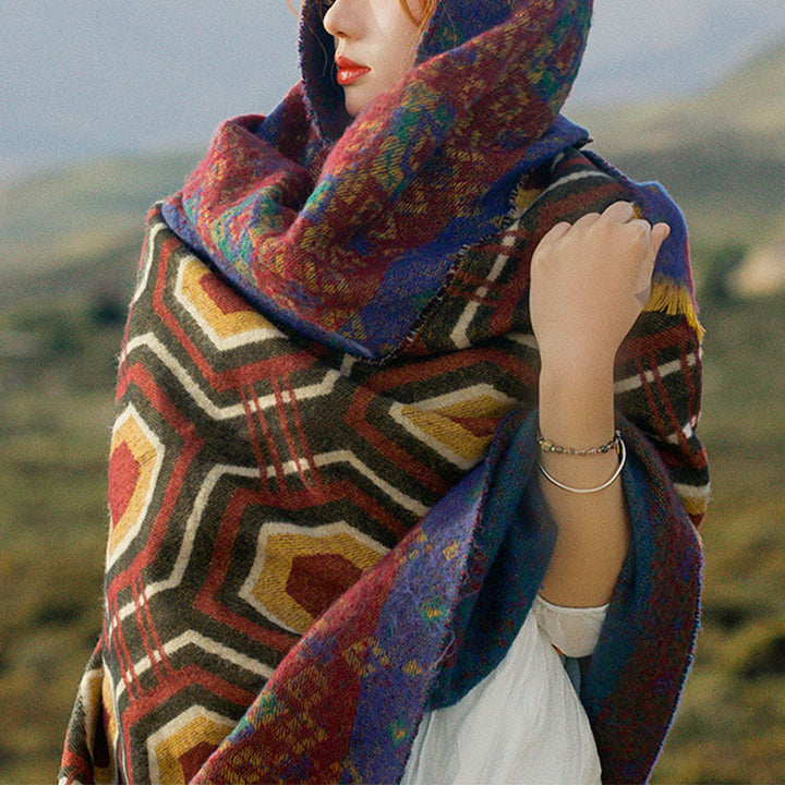 Mantón tibetano de Buddha Stones, patrón de formas geométricas, marrón, azul y rojo, bufanda de viaje acogedora para invierno