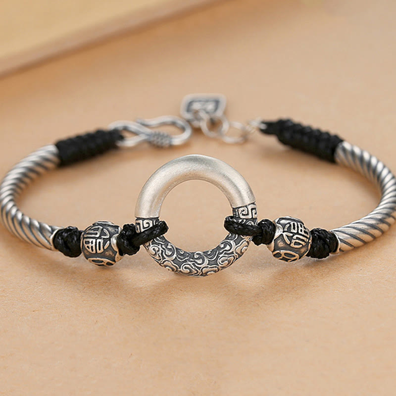 Pulsera de plata de ley 999 con Buddha Stones , hebilla de la paz, moneda de cobre, nubes auspiciosas, pulsera de la fortuna