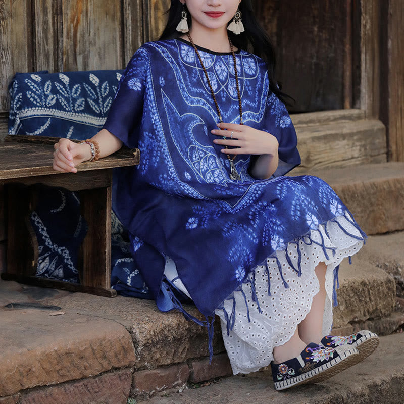 Jersey de viaje suave con borlas y chal de pez Koi teñido anudado azul con Buddha Stones 90*95cm