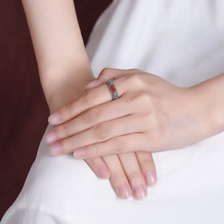 Anillo auspicioso de bendición de calabaza de jade cian de ágata roja de plata de ley 925