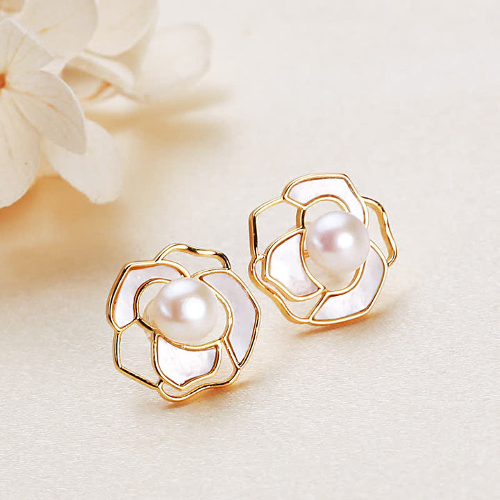 Pendientes con colgante de collar de felicidad con diseño de camelia y perlas de plata de ley 925 con Buddha Stones