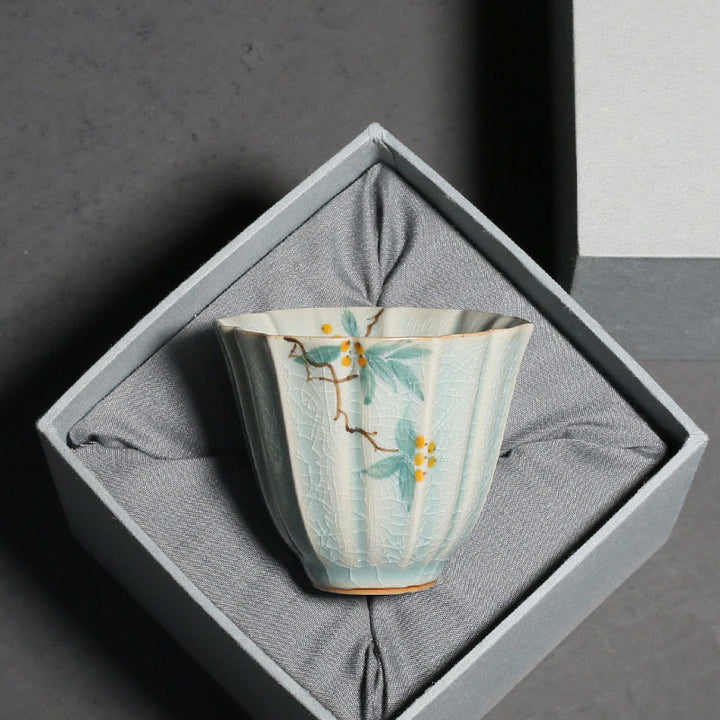 Taza de té de cerámica de Kung Fu con Buddha Stones , níspero, cornejo, espino, gloria de la mañana