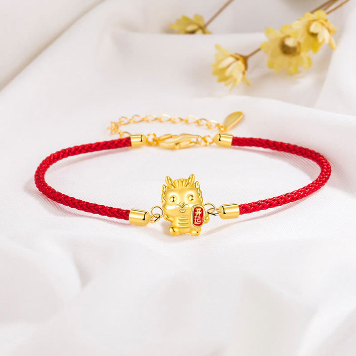 Pulsera de cadena de cuerda roja con Buddha Stones , Plata de Ley 925, Año del Dragón de la suerte, dragón dorado de la suerte