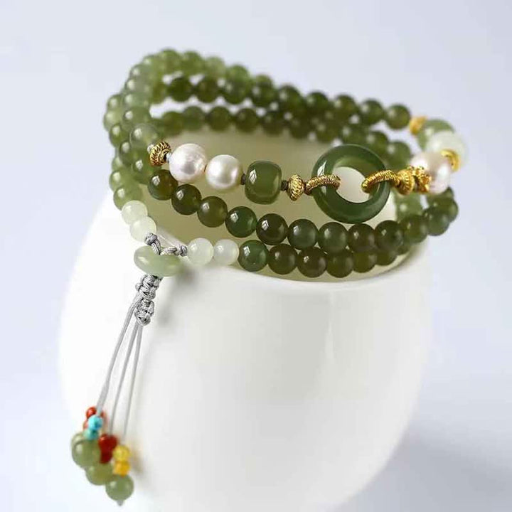 Hetian Jade Pearl Paz Hebilla Suerte Riqueza Pulsera de Hilo