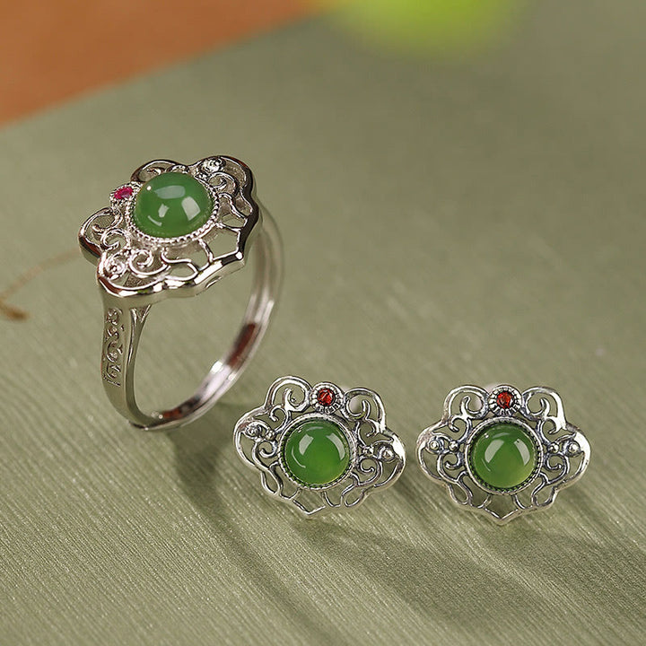 Juego de pendientes de anillo de la suerte con diseño hueco de jade cian hetiano natural de plata de ley 925 con Buddha Stones