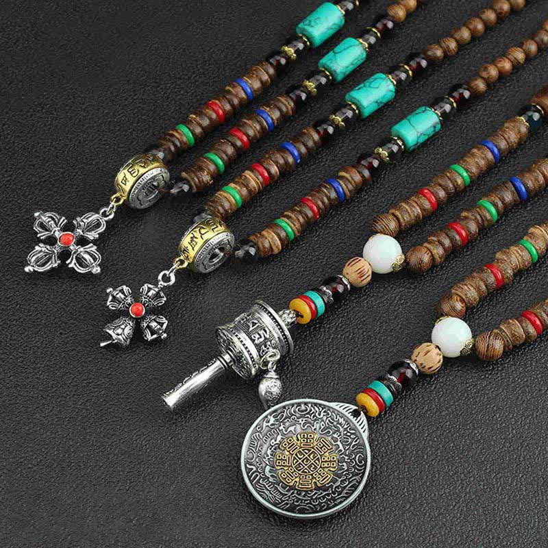 Buddha Stones tibetano Om Mani Padme Hum rueda de oración rotación Vajra collar de madera colgante - image 20