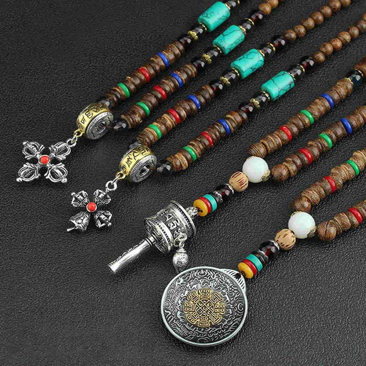Buddha Stones tibetano Om Mani Padme Hum rueda de oración rotación Vajra collar de madera colgante - image 20
