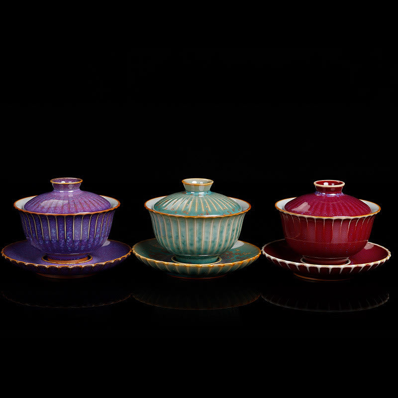 Taza de té y platillo con tapa, cerámica Gaiwan Sancai, cambio de horno de esmalte Retro, Buddha Stones , Kung Fu - image 1