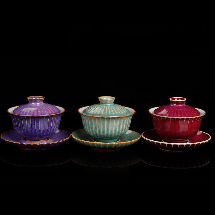 Taza de té y platillo con tapa, cerámica Gaiwan Sancai, cambio de horno de esmalte Retro, Buddha Stones , Kung Fu - image 1