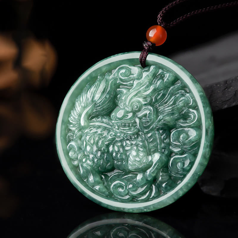 Collar con colgante de cadena de abundancia Kirin de jade natural con Buddha Stones