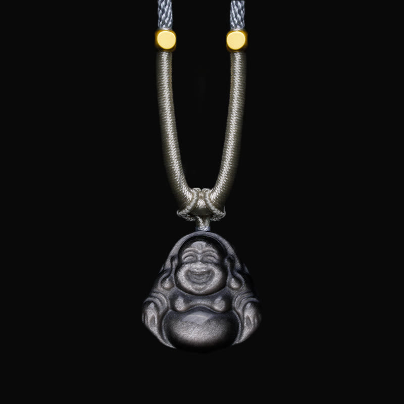 Colgante de collar de protección de Buda sonriente de obsidiana brillante de plata natural con Buddha Stones - Collar gris claro de Buda sonriente - image 6