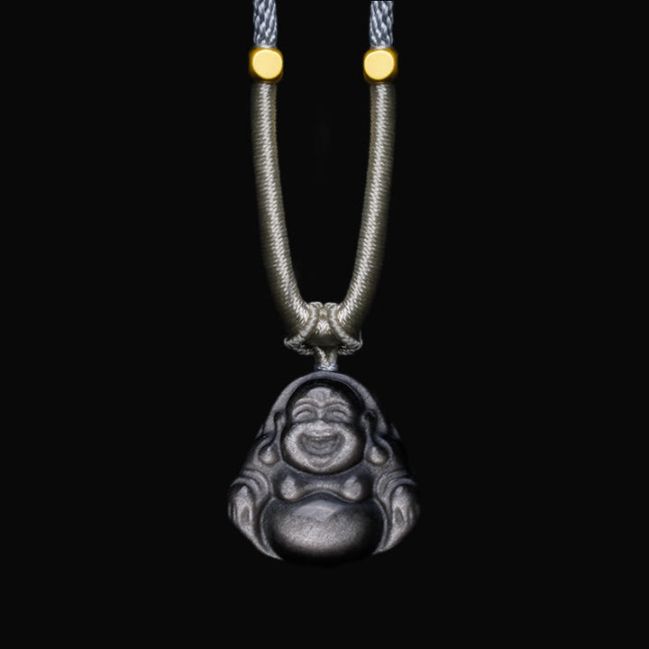 Colgante de collar de protección de Buda sonriente de obsidiana brillante de plata natural con Buddha Stones - Collar gris claro de Buda sonriente - image 6