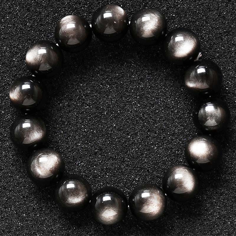Pulsera de protección calmante de obsidiana brillante de plata natural con Buddha Stones
