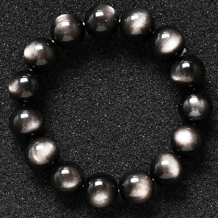 Pulsera de protección calmante de obsidiana brillante de plata natural con Buddha Stones
