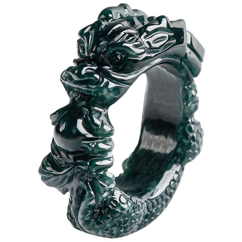 Anillo de éxito tallado con dragón de jade cian natural de Buddha Stones