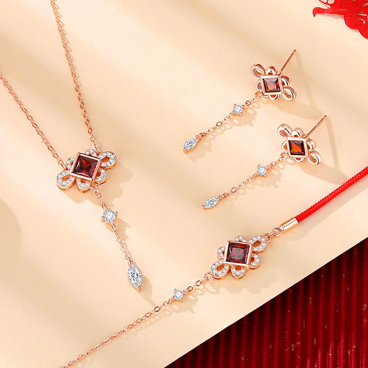 Juego de pendientes y pulsera con colgante de circonita roja, Plata de Ley 925 con Buddha Stones , anudado chino