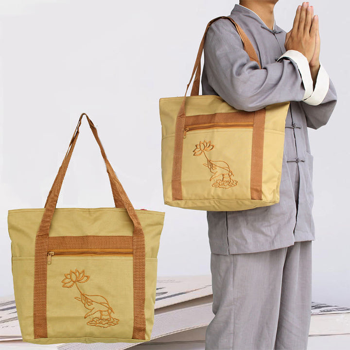 Bolsa de hombro de lona con patrón de bordado de loto para práctica de la mente espiritual