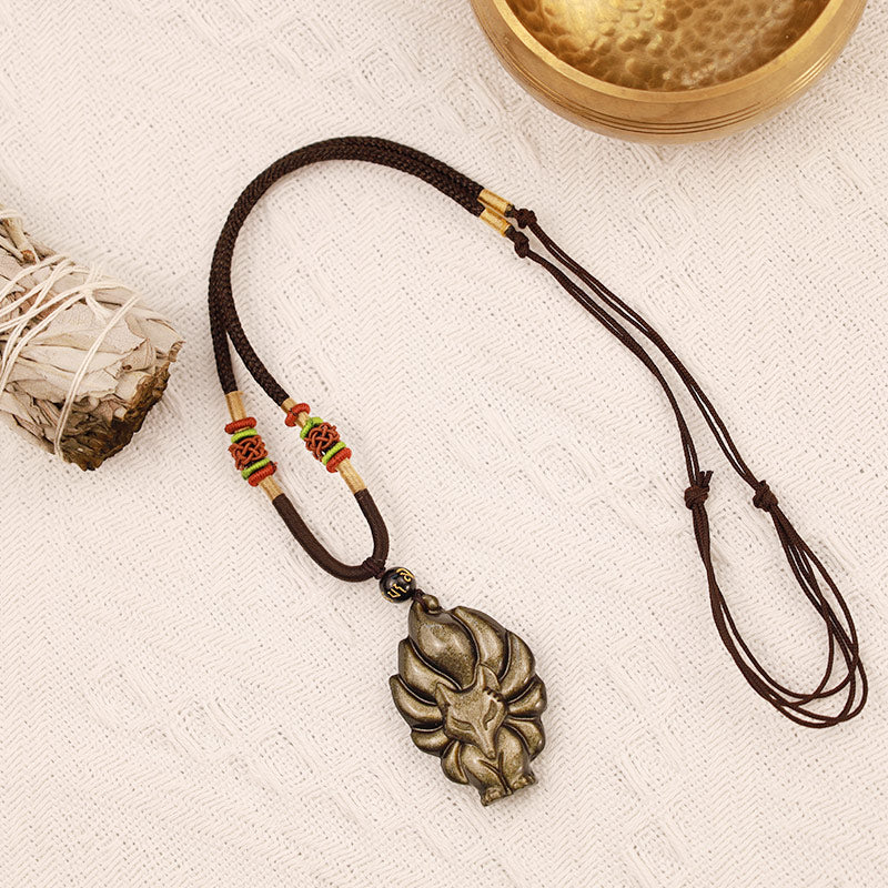 Buddha Stones, obsidiana arcoíris Natural, brillo dorado, obsidiana, zorro de nueve colas, colgante positivo